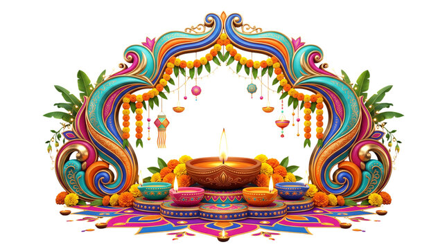 Diwali celebration arch with traditional lamps and marigold flowers isolated on transparent background