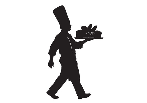 Black silhouette of a professional chef baker walking and holding a fresh loaf of bread Vector, illustration