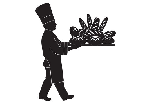Black silhouette of a professional baker holding a large tray with fresh baked bread loaves Vector, illustration