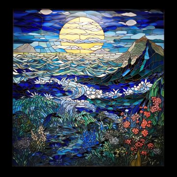 Ocean and mountain pattern mosaic art craft glass.