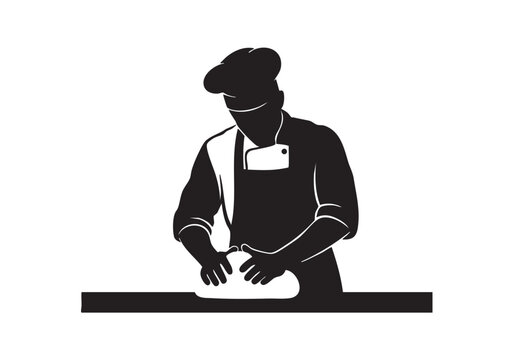Silhouette of a professional chef wearing a hat and kneading fresh dough on a wooden table Vector, illustration