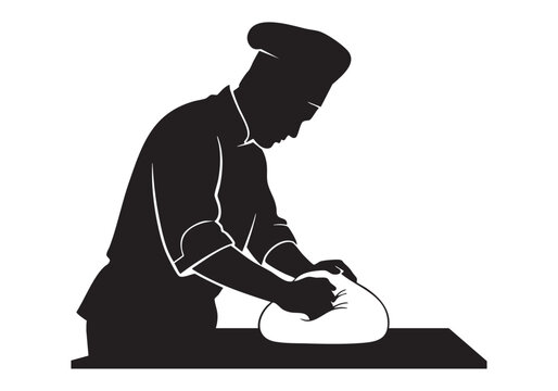 Black silhouette of a professional baker kneading fresh dough on a wooden kitchen table Vector, illustration