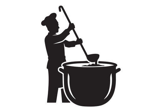 Black silhouette of a professional chef cooking food in a large metal soup pot with a ladle Vector, illustration