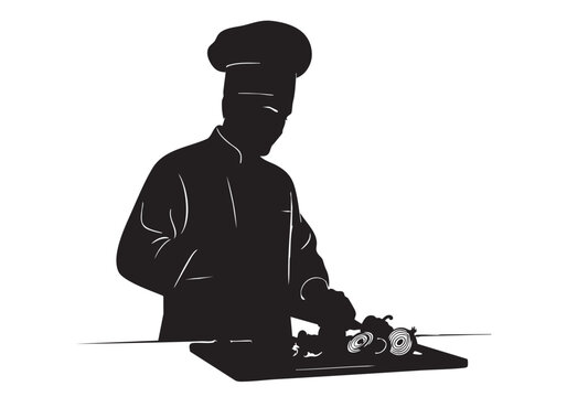 Black silhouette of a professional chef cooking and slicing fresh vegetables in a kitchen Vector, illustration