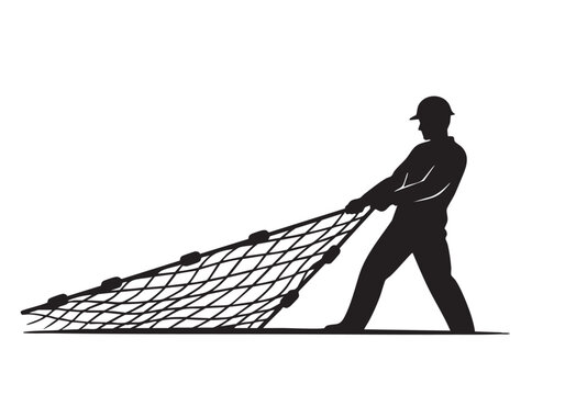 Black silhouette of a fisherman pulling a fishing net on the ground Vector, illustration
