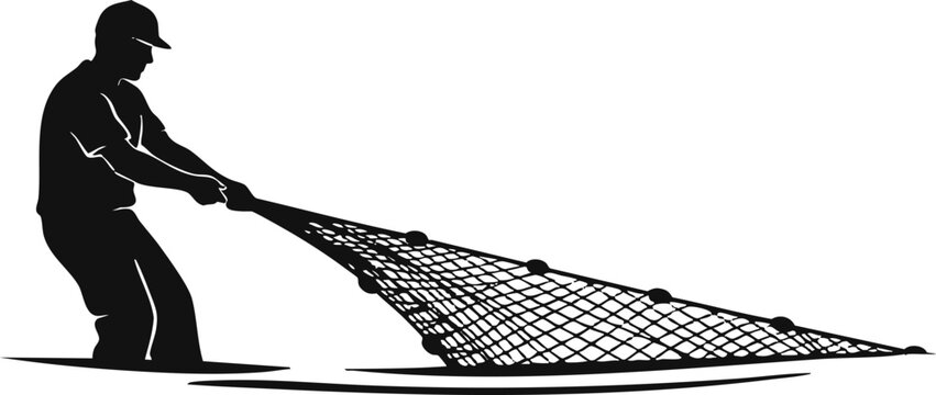 Silhouette of a fisherman pulling a fishing net from the water to catch fresh fish Vector, illustration