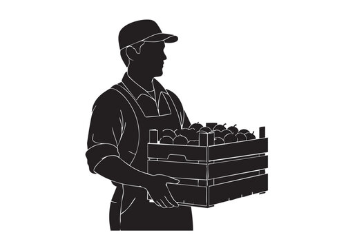 Black silhouette of a farmer holding a wooden crate full of fresh ripe apples in the orchard Vector, illustration