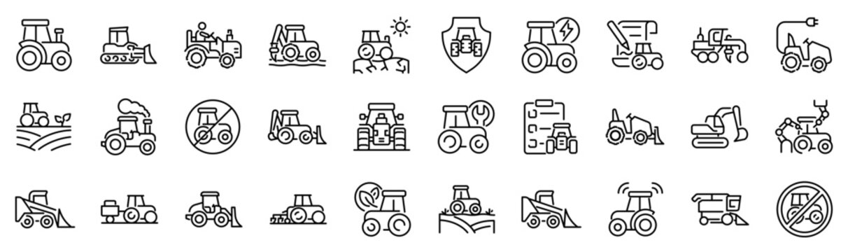 Set of 30 outline icons related to tractor. Linear icon collection. Editable stroke. Vector illustration