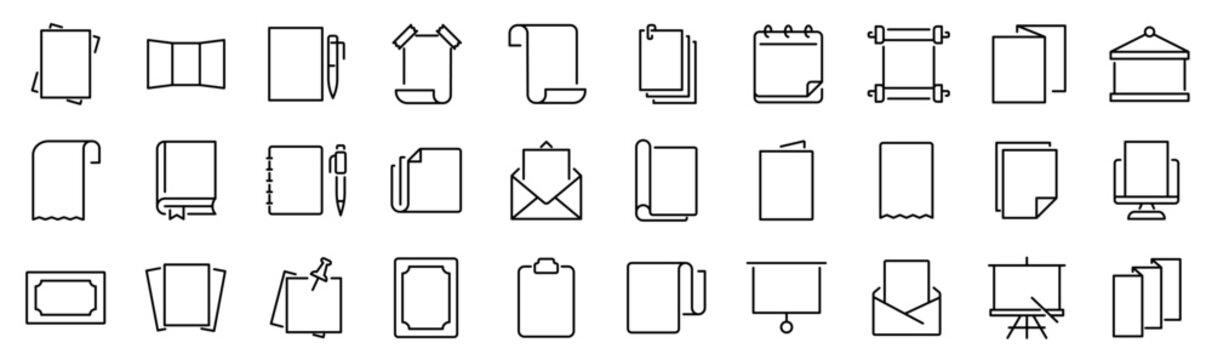 Set of 30 outline icons related to blank pages, sheets, signages. Linear icon collection. Editable stroke. Vector illustration