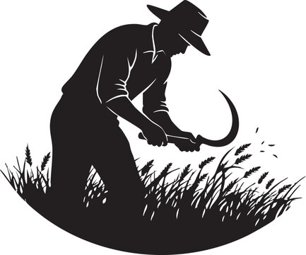 Silhouette of a farmer wearing a hat harvesting wheat crops with a sharp metal hand sickle Vector, illustration