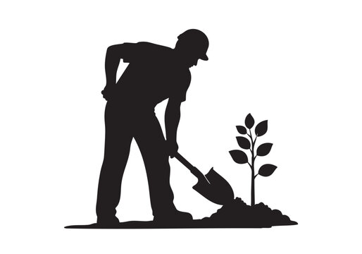 Silhouette of a man digging dirt with a shovel to plant a small green sapling tree in garden Vector, illustration