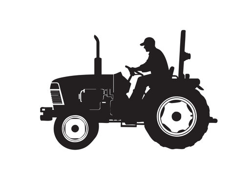 Black silhouette of a farmer driving a tractor for agricultural work and rural farm activity Vector, illustration