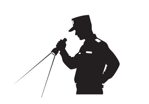 Silhouette of a security guard holding a flashlight to check the area in the dark night Vector, illustration