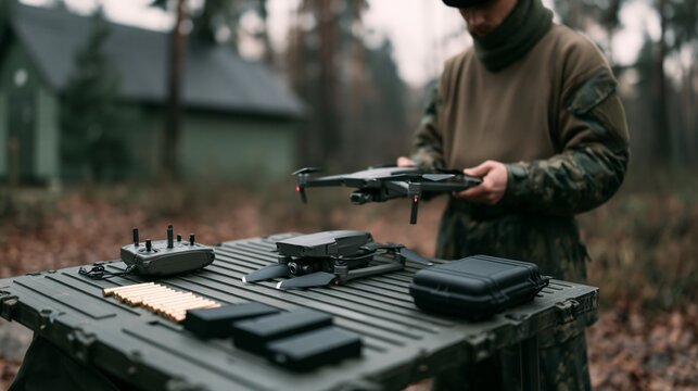 A person in military uniform assembling a drone on a table outdoors in a forest setting. The drone, remote control, and batteries are laid out, with a small building in the background