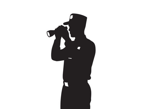 Silhouette of a security guard standing and looking through binoculars for surveillance Vector, illustration