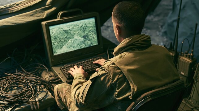 A soldier in a tent, focused on a laptop displaying a topographic map. The scene conveys a sense of operational command and remote communication