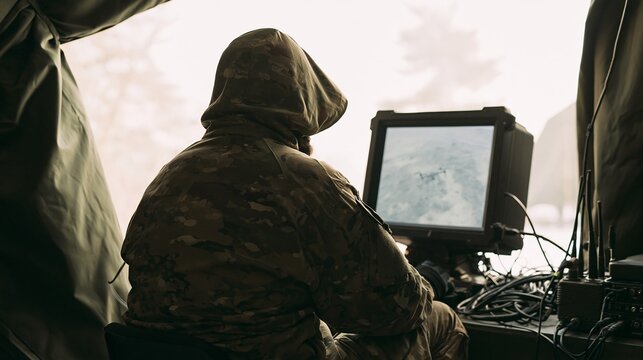 A soldier in camouflage gear wearing a hooded jacket, focused on a computer screen displaying a map or tactical display, likely in a command center or forward operating base