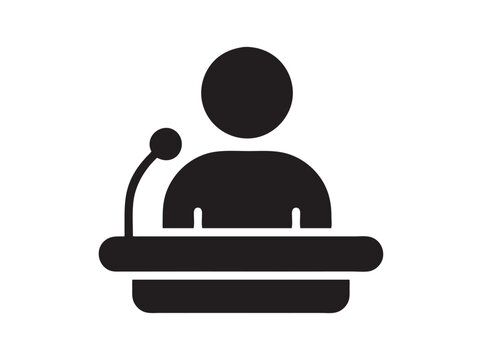 Public speaker icon at podium with microphone, black silhouette of orator giving speech, professional conference presenter vector