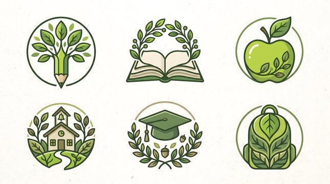 Set of green education vector icons and logos featuring eco friendly school concepts including a pencil tree open book