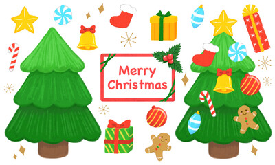 Fototapeta premium Hand Drawn Christmas Decoration Illustration Set with Trees Ornaments Gifts and Holly Frame