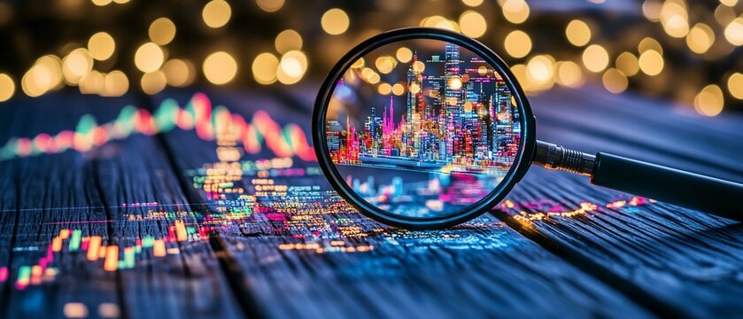 Magnifying glass over data visualization, city reflected, with bokeh background on wood