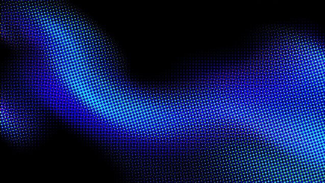 Abstract blue halftone wave background, glowing neon dot pattern on black, futuristic digital light trail, modern tech graphic wallpaper Vibrant halftone gradient background