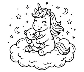 Naklejka premium Cute unicorn and teddy bear sitting on a cloud among stars and crescent moons