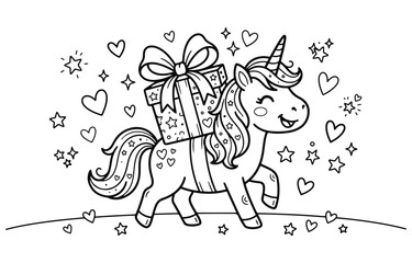 Fototapeta premium Charming unicorn carrying a large gift with hearts and stars surrounding it