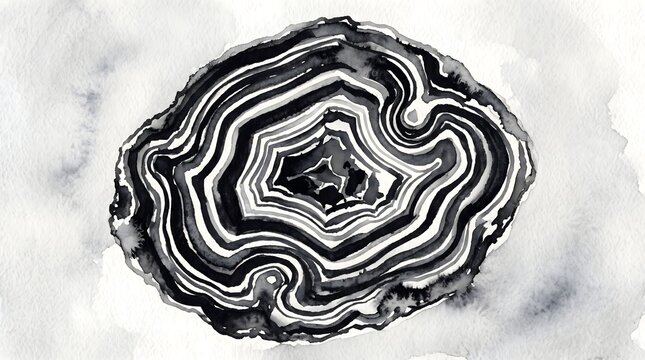 Black white watercolor agate geode slice illustration
