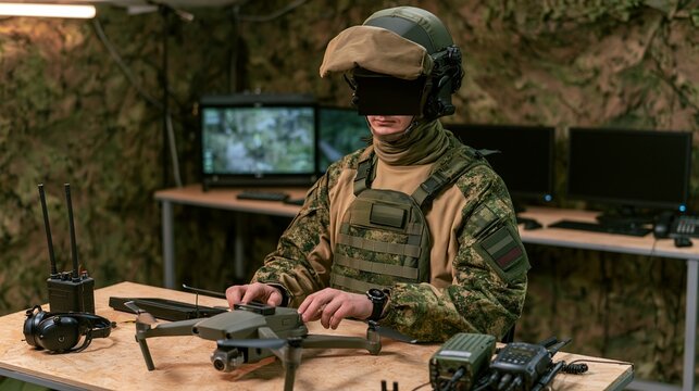 A soldier operating a drone indoors, with multiple screens displaying surveillance footage and military equipment on a desk. The soldier is wearing camouflage gear and a helmet