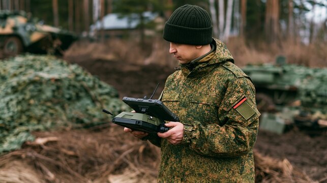 A soldier in camouflage uniform operating a drone control panel in a field with military vehicles and camouflage netting in the background