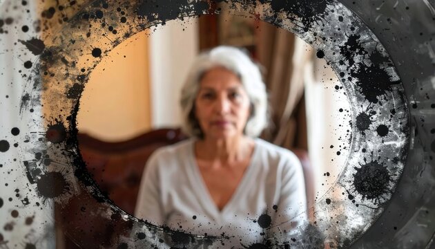 Mature woman with gray hair sitting in a cozy room viewed through an aged circular camera lens with artistic vignette and ink stains