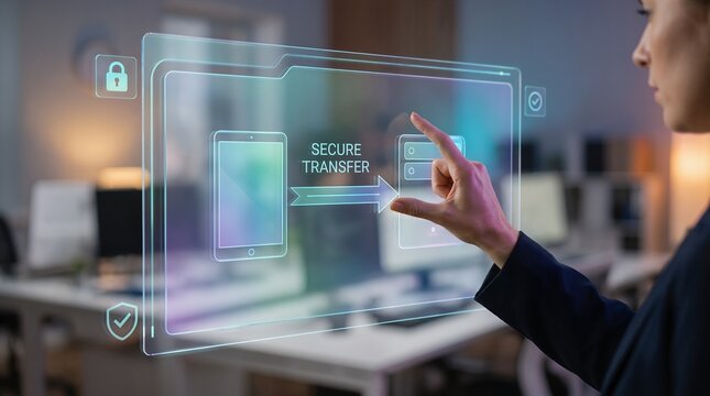 Businesswoman Interacting with Futuristic Holographic Interface for Secure Data Transfer and Cloud Migration
