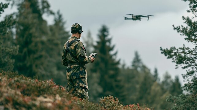 A person in camouflage gear operating a drone in a dense forest. The drone is flying in the misty sky above the trees