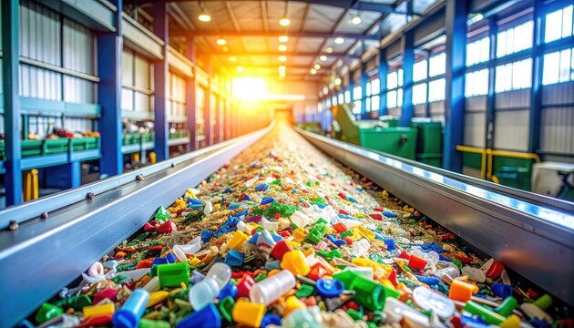 Multicolored recycled plastic flakes moving along an industrial conveyor belt inside a modern material recovery facility