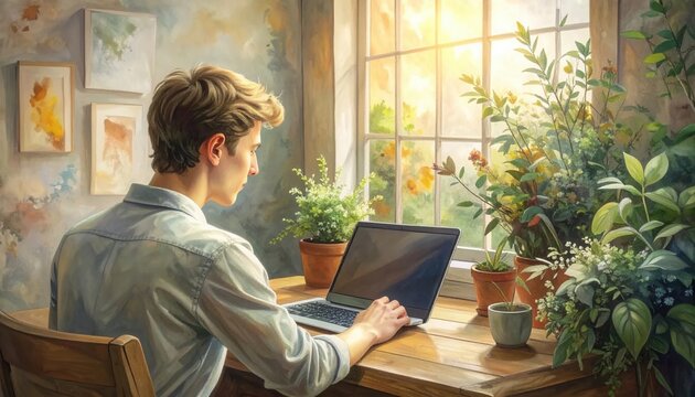 Young man working remotely on a modern laptop computer at a sunlit wooden desk surrounded by beautiful green indoor potted plants