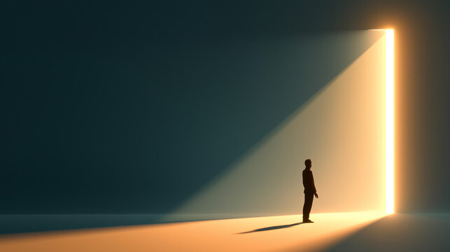 Conceptual cinematic scene of a solitary man facing a bright doorway with a long beam of warm light across a dark room conceptual visual for hope, opportunity, transition, personal growth and modern s