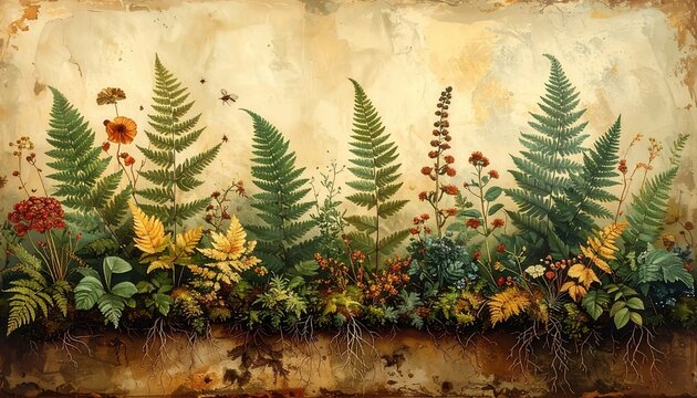 Detailed botanical illustration showcasing lush green fern fronds and bright wildflowers growing from a rich soil layer
