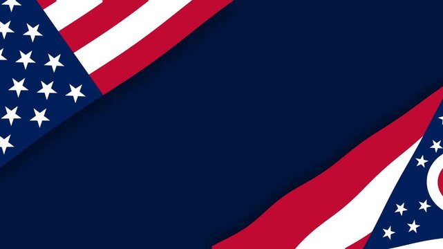 Patriotic Ohio State Flag and USA Flag on Dark Blue Background with Copy Space.