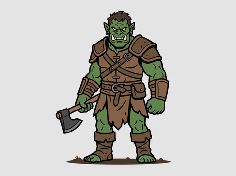 Orc Warrior Holding an Axe Wearing Leather Armor for Halloween Fantasy Character Design