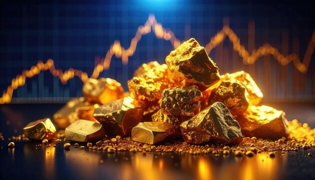 Industrial commercial still life of assorted gold nuggets and rich granular flakes illuminated with a financial graph