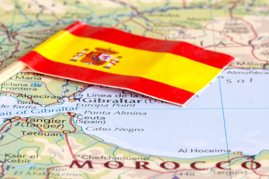 Ceuta, a Spanish city in North Africa, located on the Moroccan coast near the Strait of Gibraltar, the Spanish flag in the background.