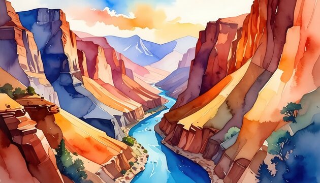 Stylized watercolor painting of an expansive mountain canyon gorge highlighting sweeping rock contours and a tranquil blue river