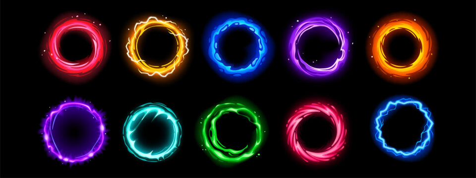 Neon game circle with fire effect and blue lightning glow. Fantasy portal frame with energy ring, magical flames and radial border for avatar ui design on transparent png background.