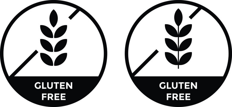 Gluten free icon set. circular crossed out wheat stalk symbols and text banners in black and white for food packaging, product labeling, and health conscious
