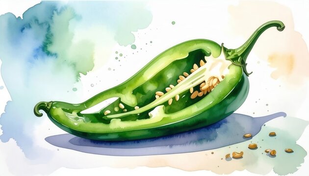 Airy watercolor painting of a single green jalapeno pepper cut into a wedge displaying its natural seed chamber