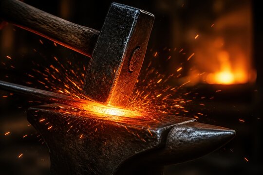 Hot glowing metal being forged with hammer on anvil in a blacksmith workshop
