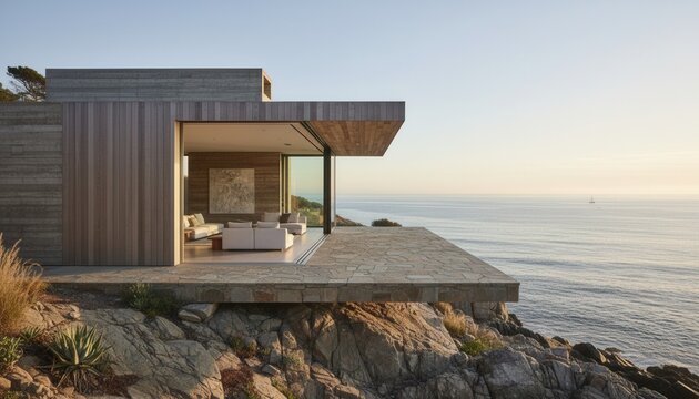 Wide exterior architectural photograph of a contemporary single family house nestled into a rocky coastal hillside with a terrace