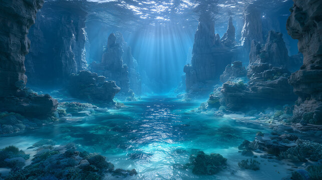 massive underwater canyon descending into the deep ocean, towering rock walls fading into blue darkness, beams of sunlight penetrating through the water, dramatic geological formations.