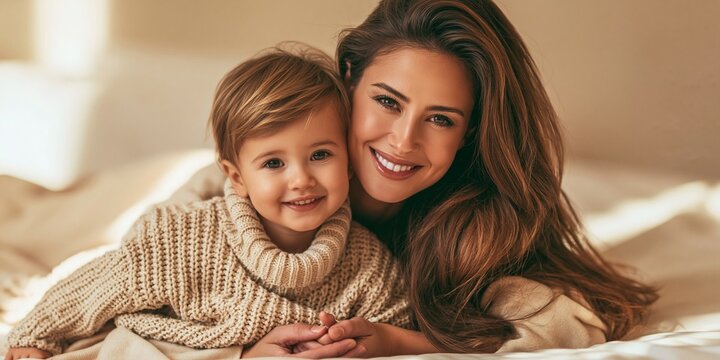 A beautiful mother and her child smiling affectionately at the camera, radiating warmth and love